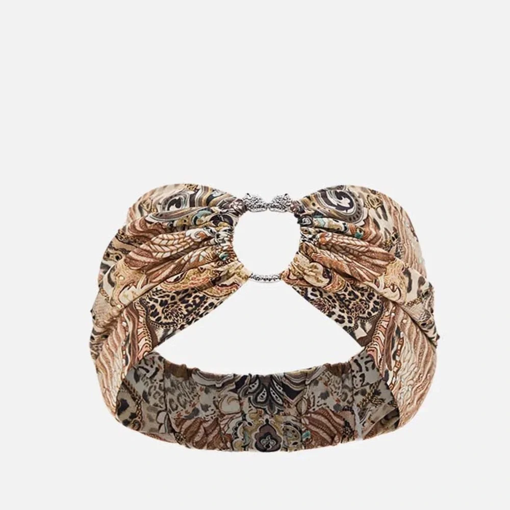 CAMILLA “The Throne Room” brown tan silk animal print boho ring headband